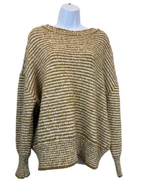 Saltwater LUXE Sweater Womens Large Tan White Striped Boucle Knit Oversized